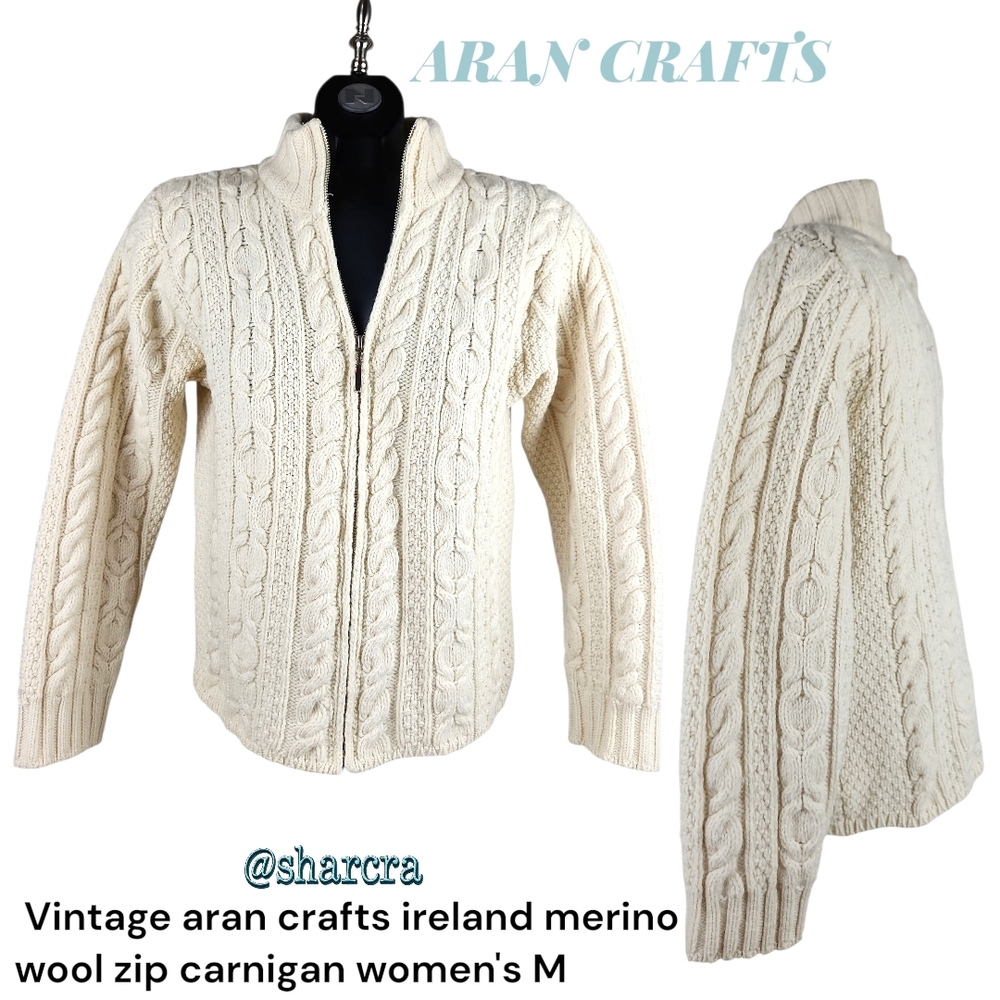 Vintage Women's Aran Crafts Nordic fisherman knit zip Carnigan Cream Sweater M
